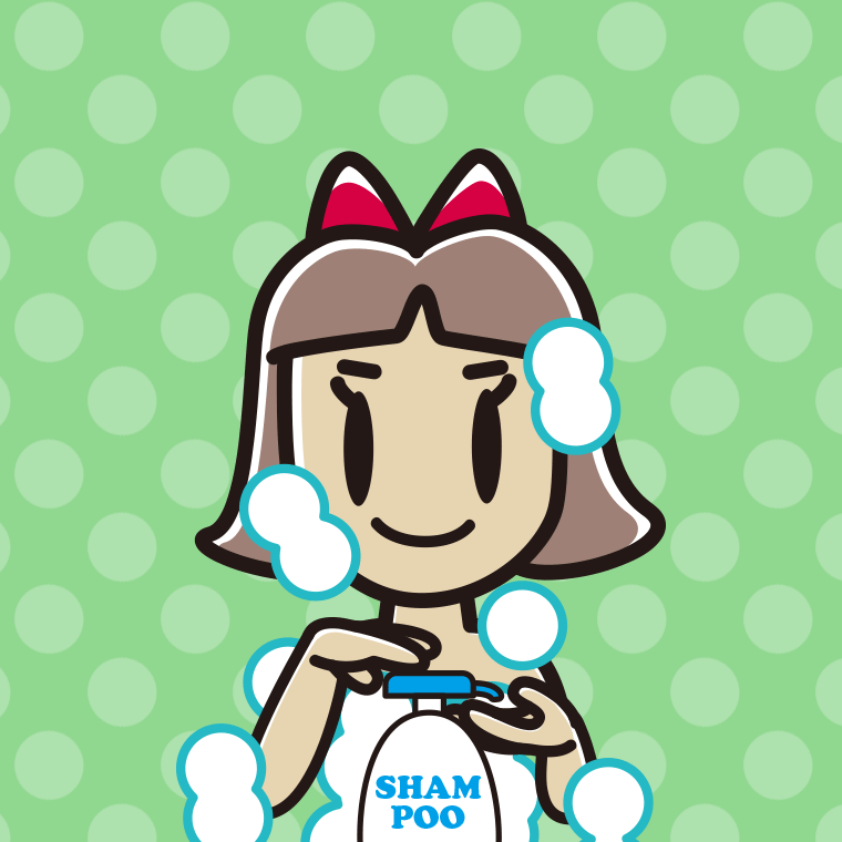 シャンプーを使う小学生女子のイラスト【色、背景あり】PNG