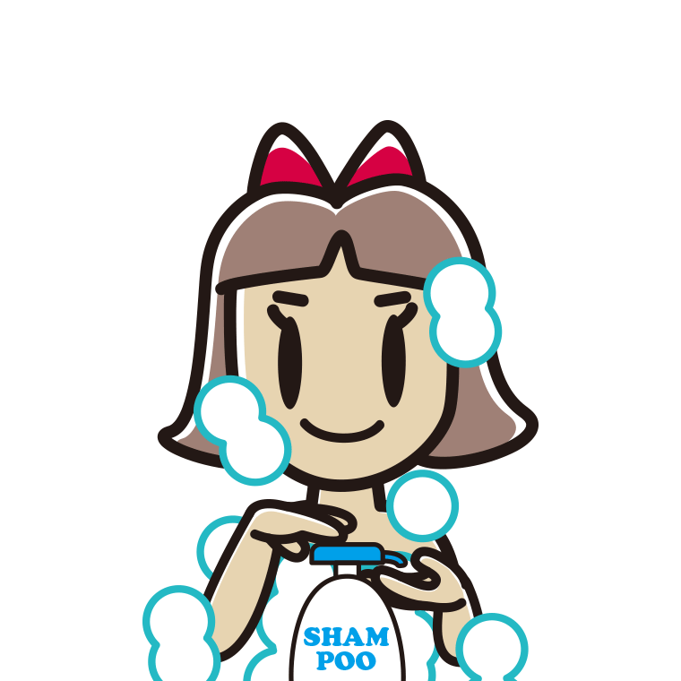 シャンプーを使う小学生女子のイラスト【色あり、背景なし】透過PNG