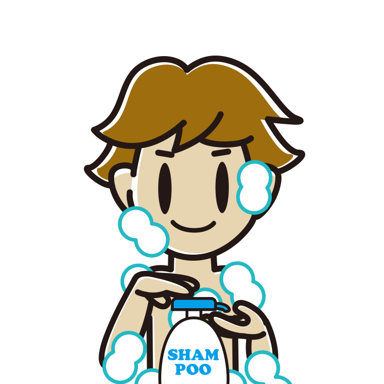 シャンプーを使う男子高校生のイラスト【色あり、背景なし】透過PNG