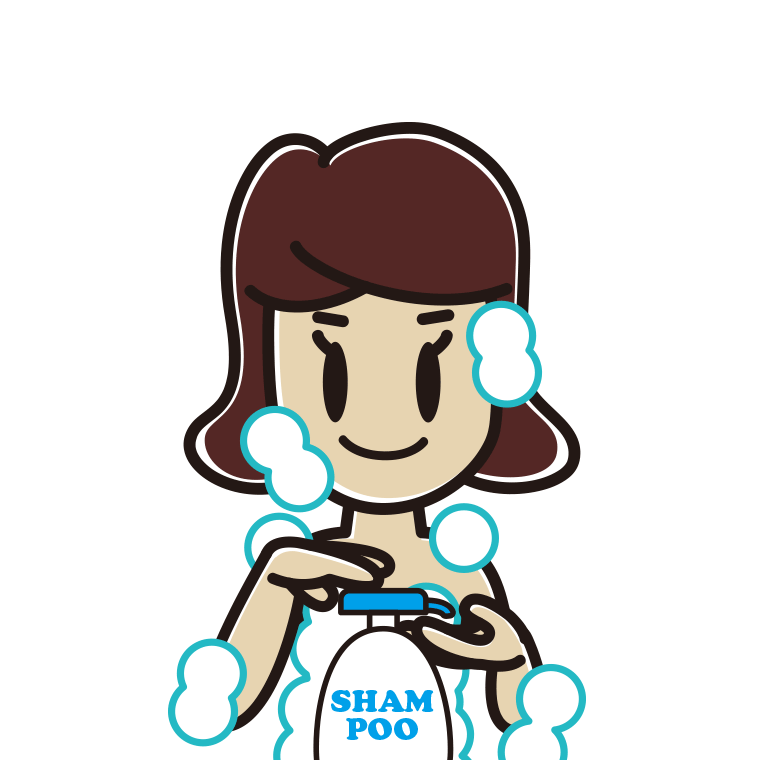 シャンプーを使う女子高校生のイラスト【色あり、背景なし】透過PNG