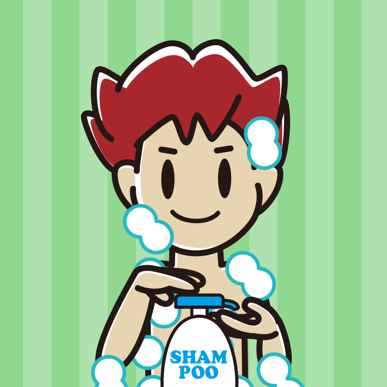 シャンプーを使う男子大学生のイラスト【色、背景あり】PNG