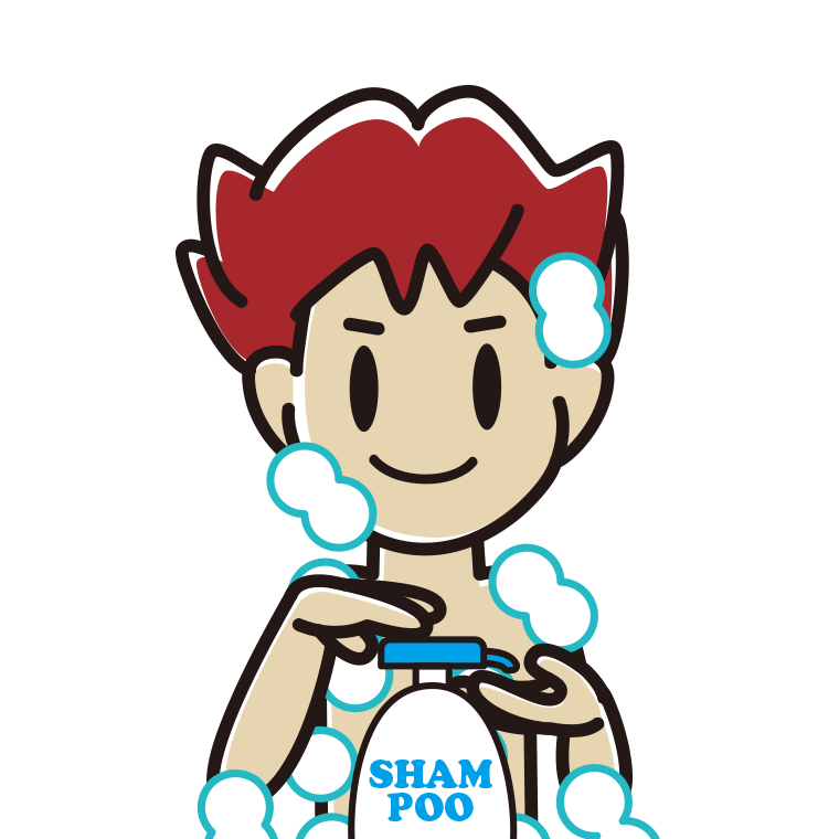 シャンプーを使う男子大学生のイラスト【色あり、背景なし】透過PNG