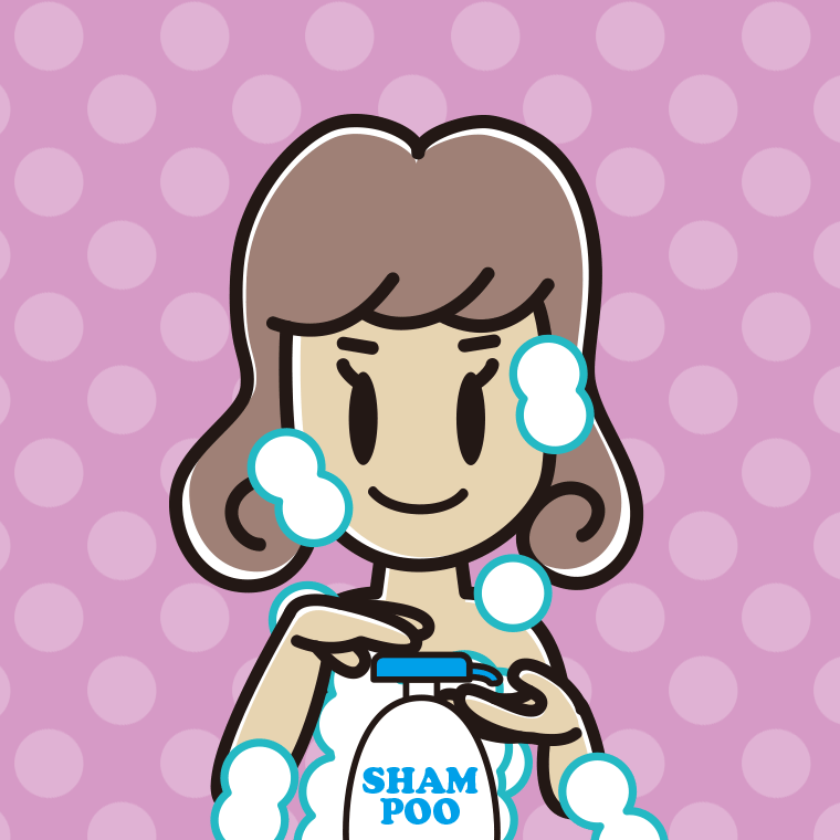 シャンプーを使う女子大学生のイラスト【色、背景あり】PNG