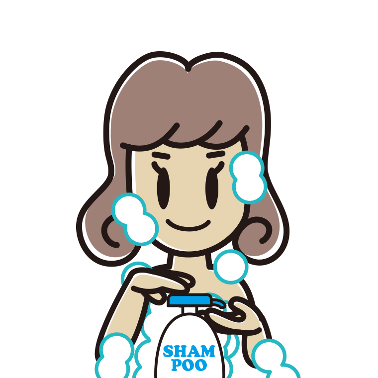 シャンプーを使う女子大学生のイラスト【色あり、背景なし】透過PNG