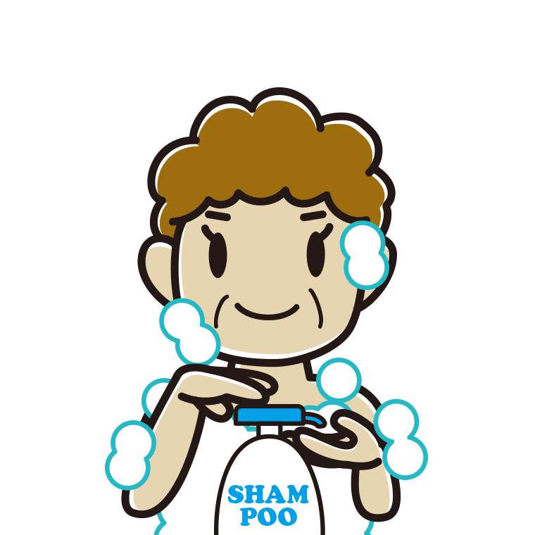 シャンプーを使うおばさんのイラスト【色あり、背景なし】透過PNG