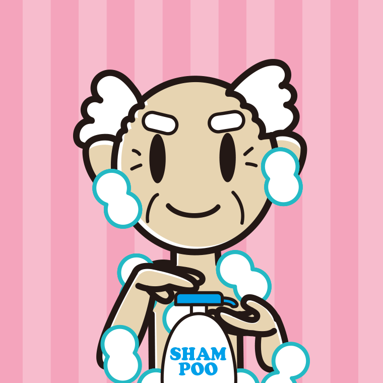 シャンプーを使うおじいさんのイラスト【色、背景あり】PNG