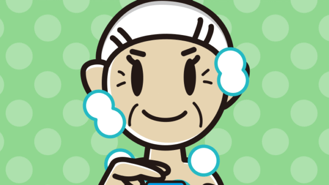 シャンプーを使うおばあさんのイラスト【色、背景あり】PNG