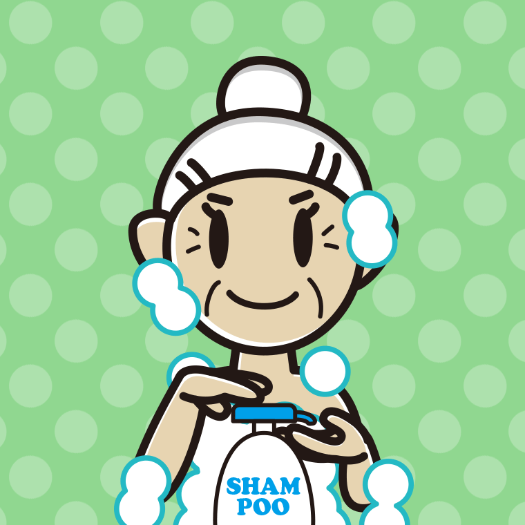 シャンプーを使うおばあさんのイラスト【色、背景あり】PNG