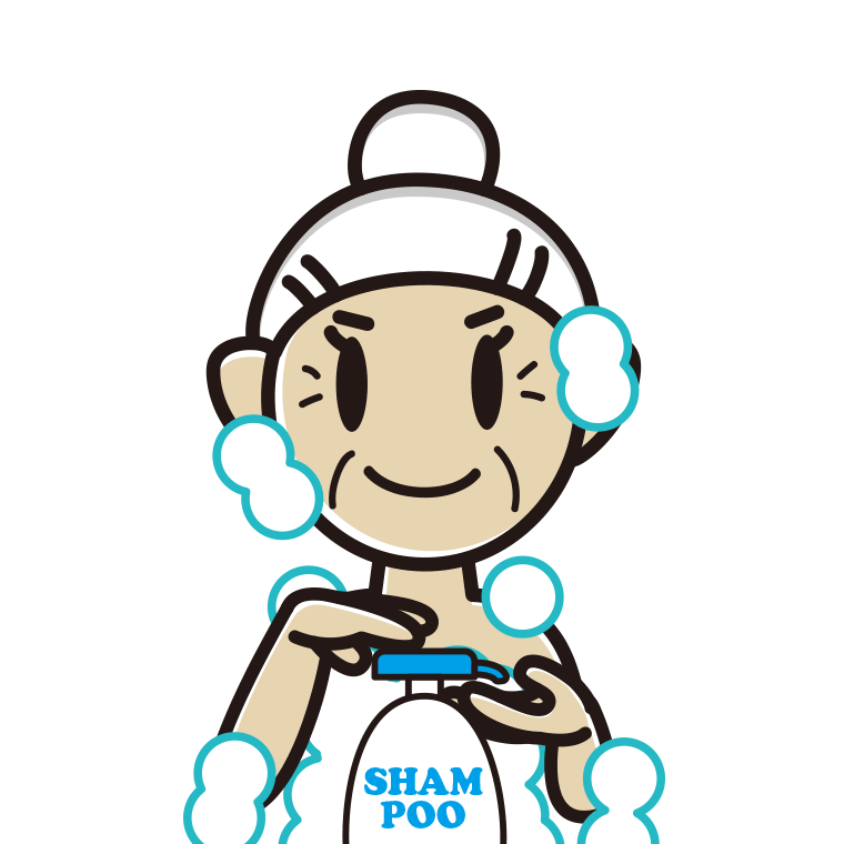 シャンプーを使うおばあさんのイラスト【色あり、背景なし】透過PNG