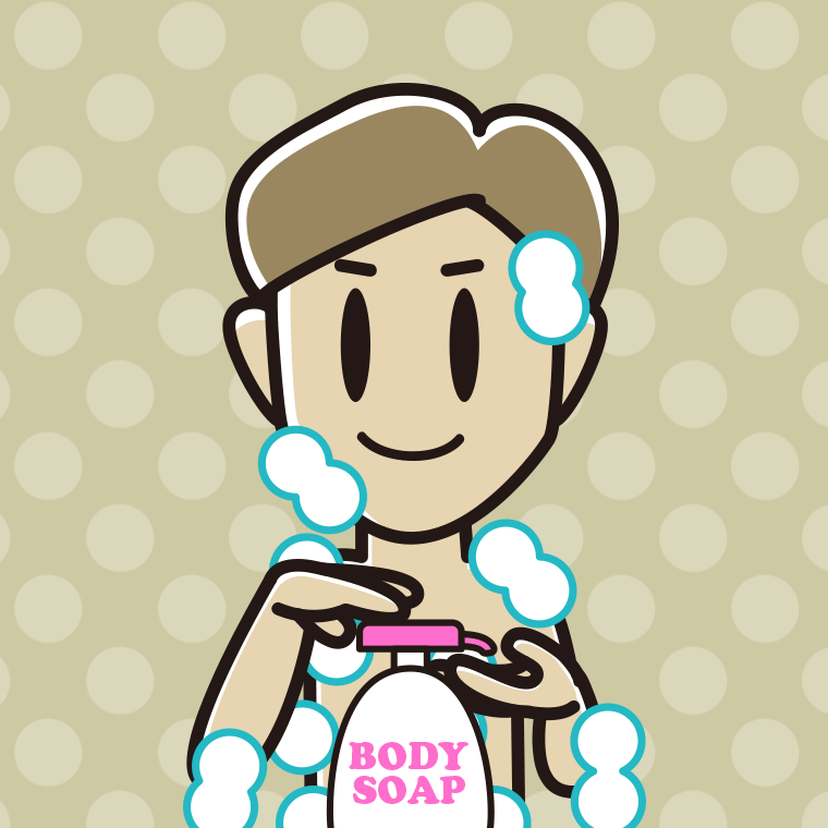 ボディソープを使う男性のイラスト【色、背景あり】PNG