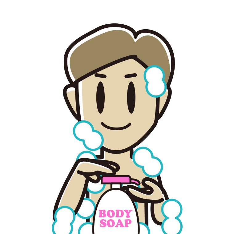 ボディソープを使う男性のイラスト【色あり、背景なし】透過PNG