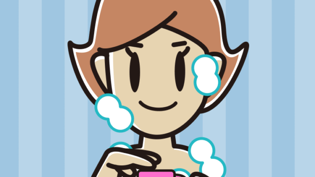 ボディソープを使う女性のイラスト【色、背景あり】PNG