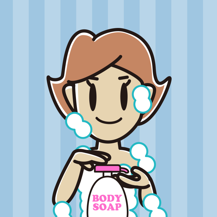 ボディソープを使う女性のイラスト【色、背景あり】PNG