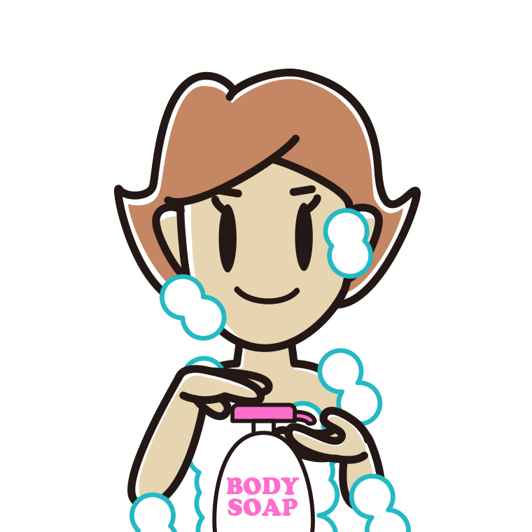 ボディソープを使う女性のイラスト【色あり、背景なし】透過PNG