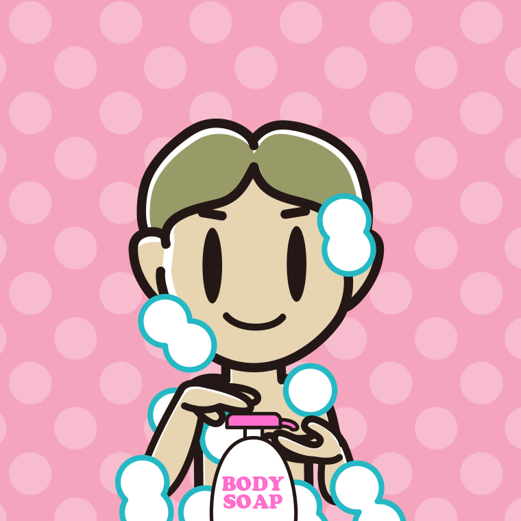 ボディソープを使う小学生男子のイラスト【色、背景あり】PNG