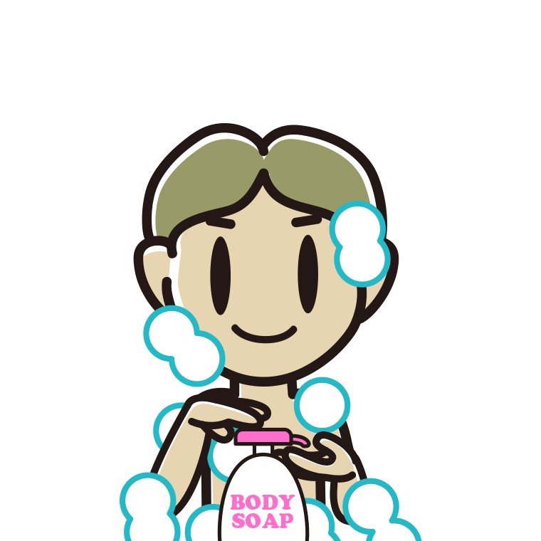 ボディソープを使う小学生男子のイラスト【色あり、背景なし】透過PNG