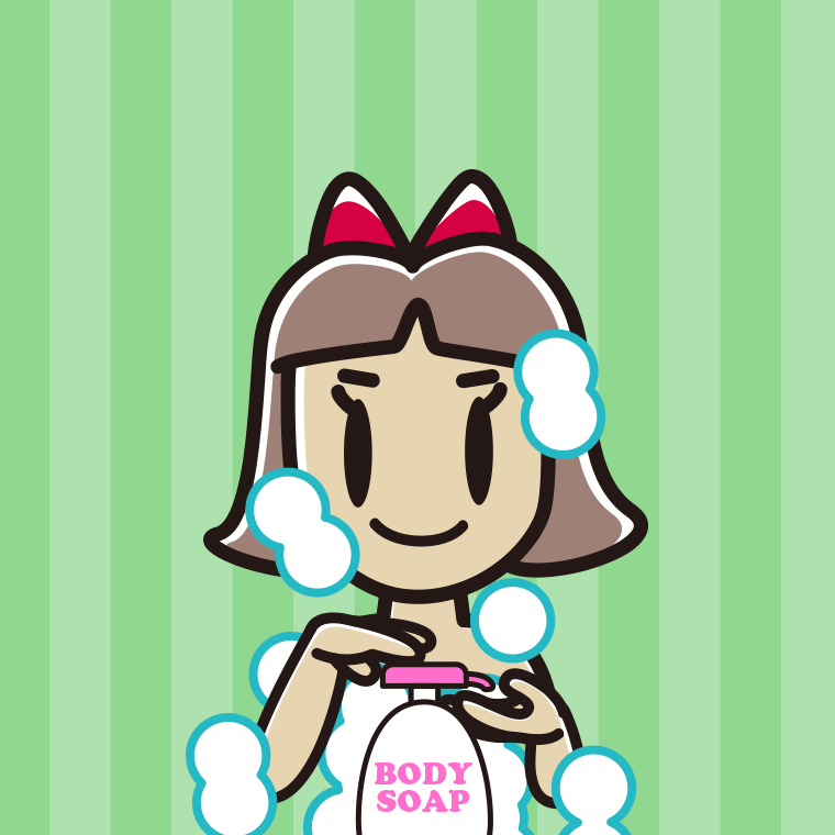 ボディソープを使う小学生女子のイラスト【色、背景あり】PNG