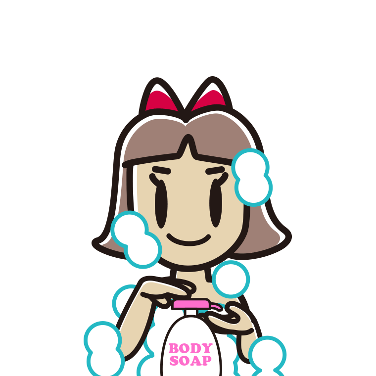 ボディソープを使う小学生女子のイラスト【色あり、背景なし】透過PNG