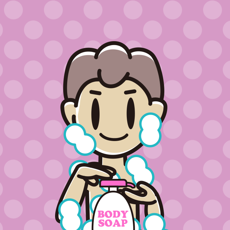 ボディソープを使う男子中学生のイラスト【色、背景あり】PNG