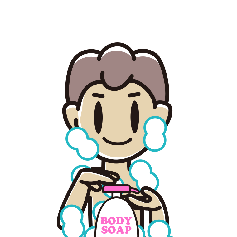 ボディソープを使う男子中学生のイラスト【色あり、背景なし】透過PNG