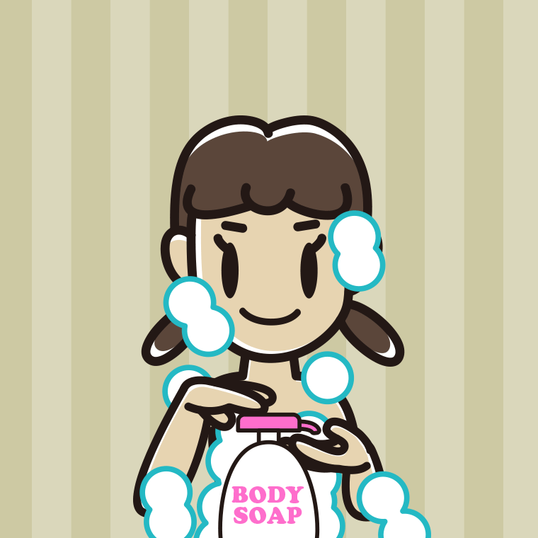 ボディソープを使う女子中学生のイラスト【色、背景あり】PNG