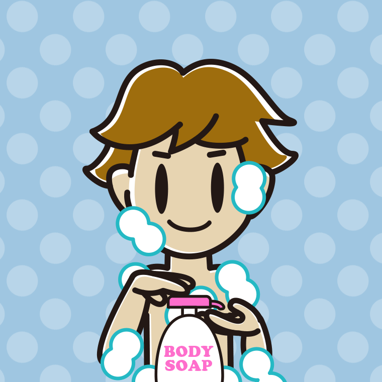 ボディソープを使う男子高校生のイラスト【色、背景あり】PNG