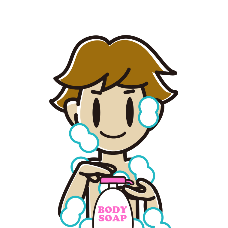 ボディソープを使う男子高校生のイラスト【色あり、背景なし】透過PNG