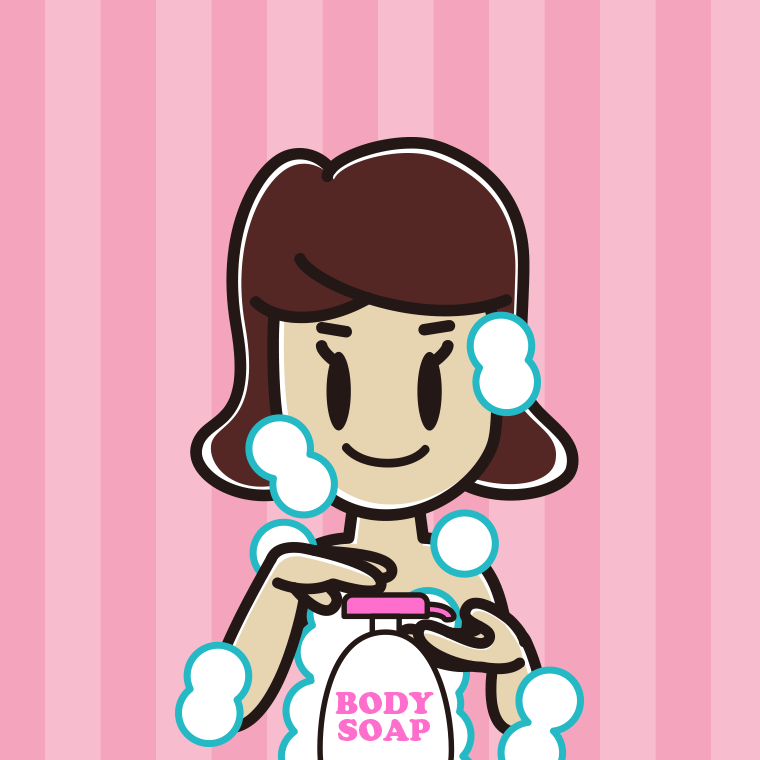 ボディソープを使う女子高校生のイラスト【色、背景あり】PNG