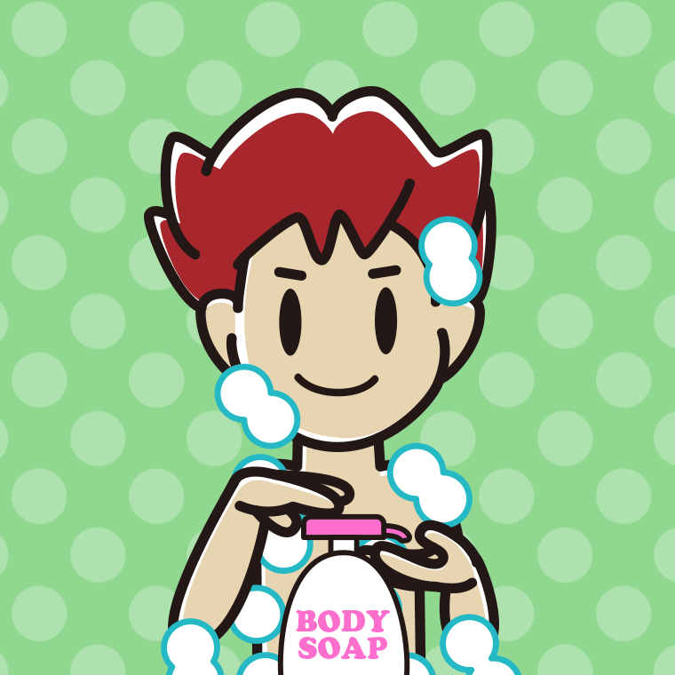 ボディソープを使う男子大学生のイラスト【色、背景あり】PNG