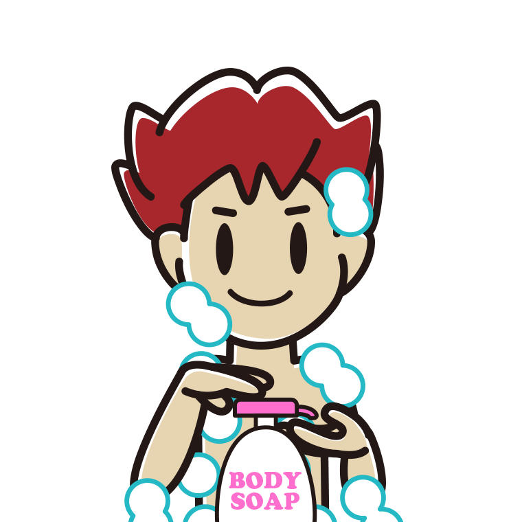 ボディソープを使う男子大学生のイラスト【色あり、背景なし】透過PNG