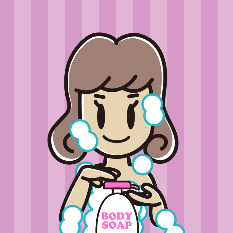 ボディソープを使う女子大学生のイラスト【色、背景あり】PNG