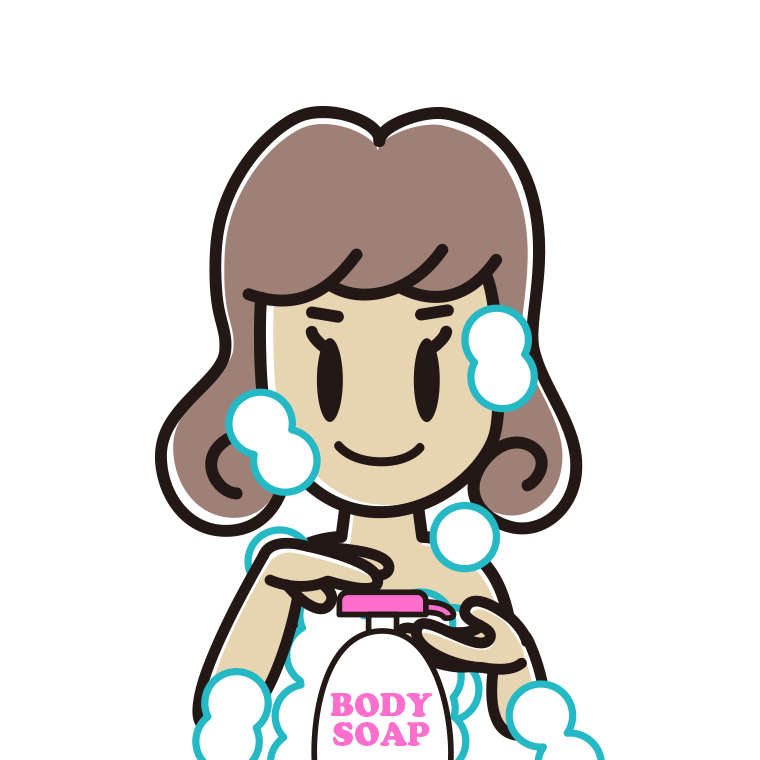 ボディソープを使う女子大学生のイラスト【色あり、背景なし】透過PNG
