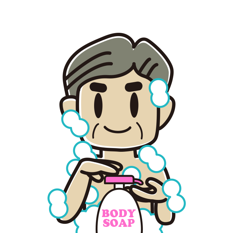 ボディソープを使うおじさんのイラスト【色あり、背景なし】透過PNG