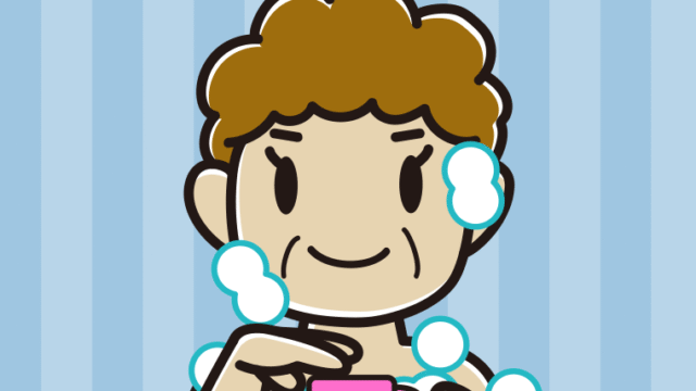 ボディソープを使うおばさんのイラスト【色、背景あり】PNG