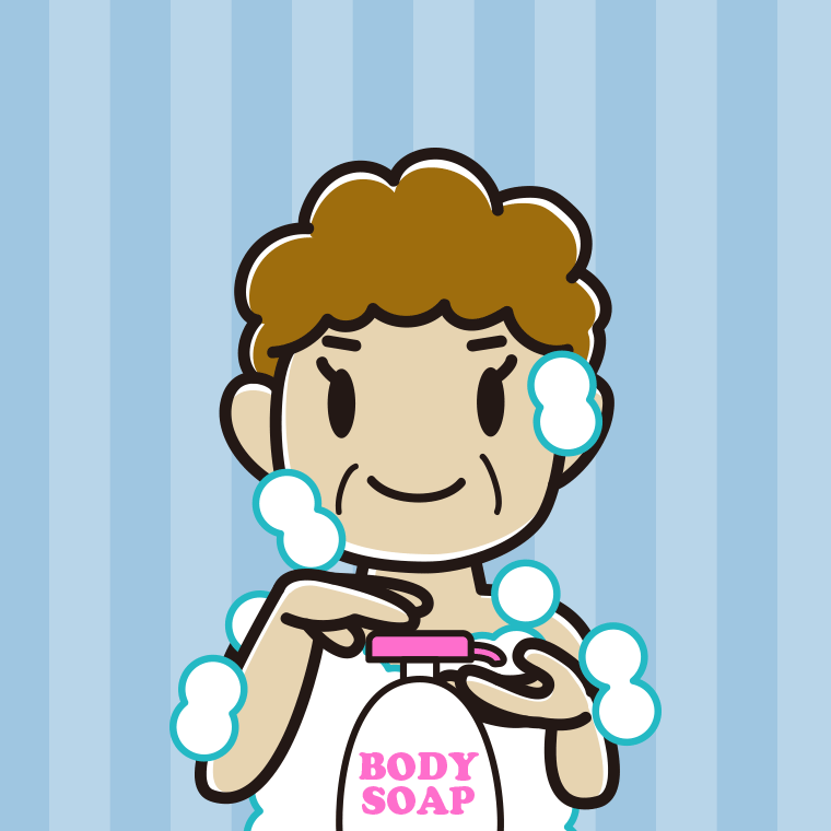 ボディソープを使うおばさんのイラスト【色、背景あり】PNG
