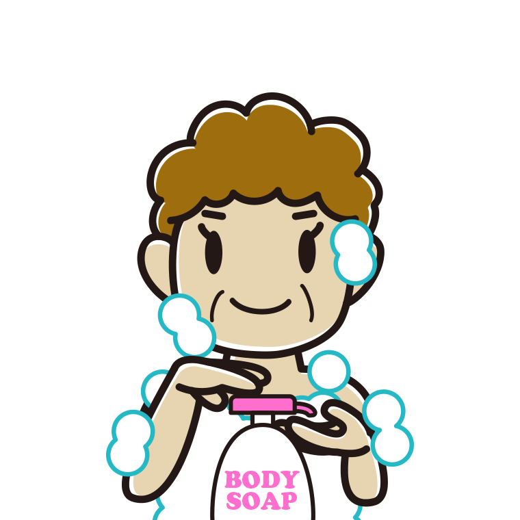 ボディソープを使うおばさんのイラスト【色あり、背景なし】透過PNG