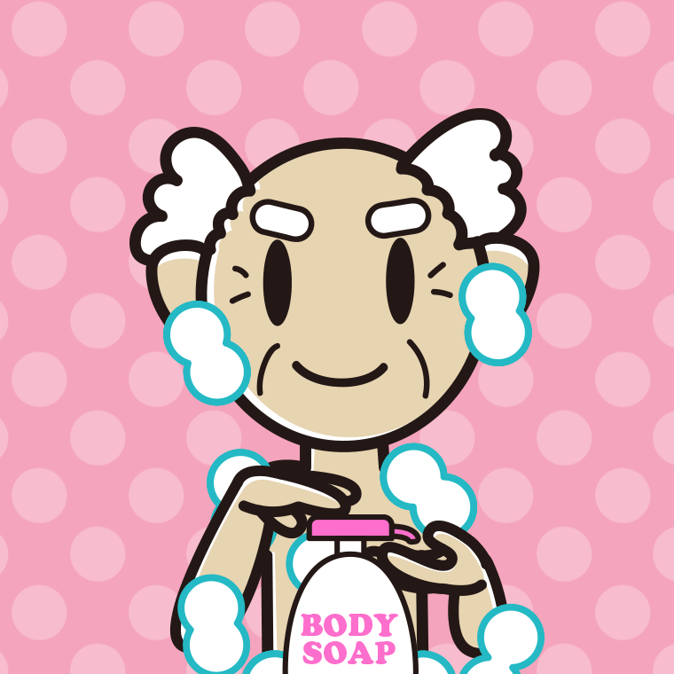 ボディソープを使うおじいさんのイラスト【色、背景あり】PNG