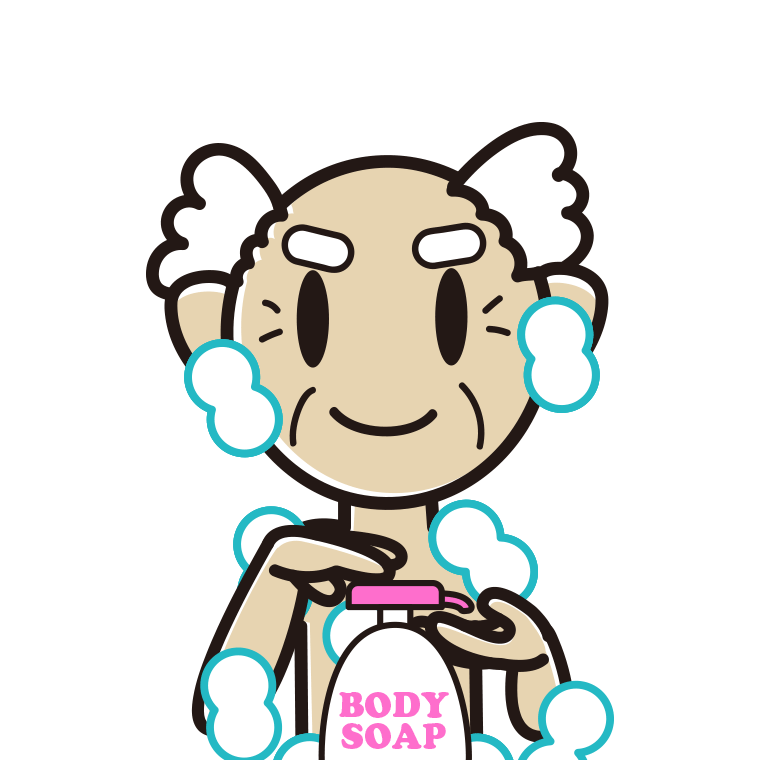 ボディソープを使うおじいさんのイラスト【色あり、背景なし】透過PNG