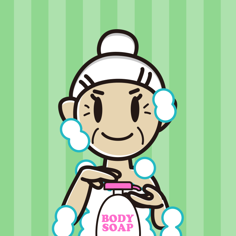 ボディソープを使うおばあさんのイラスト【色、背景あり】PNG