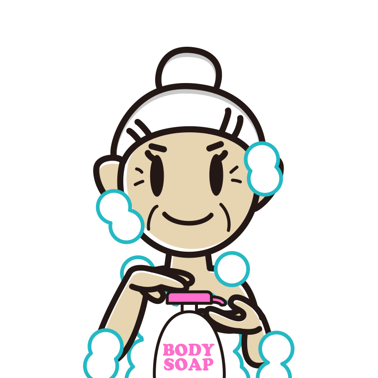 ボディソープを使うおばあさんのイラスト【色あり、背景なし】透過PNG