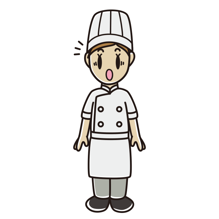 驚く女性料理人のイラスト【色あり、背景なし】透過PNG