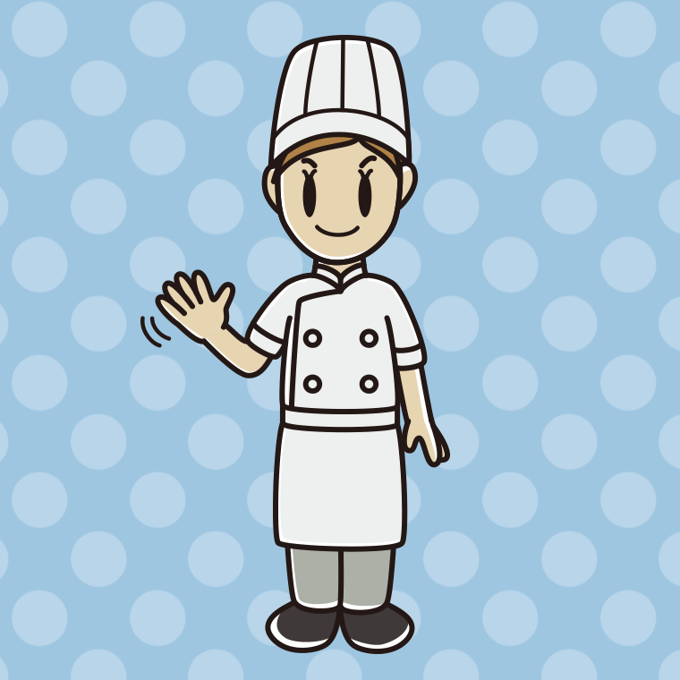 手を振る女性料理人のイラスト【色、背景あり】PNG