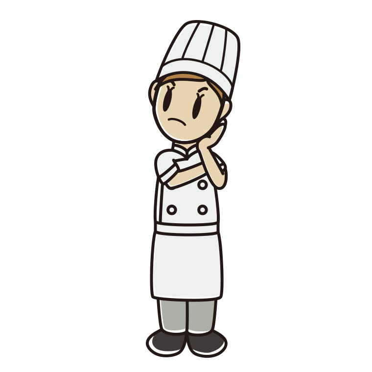 考える女性料理人のイラスト【色あり、背景なし】透過PNG