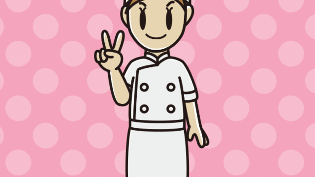 ピースをする女性料理人のイラスト【色、背景あり】PNG