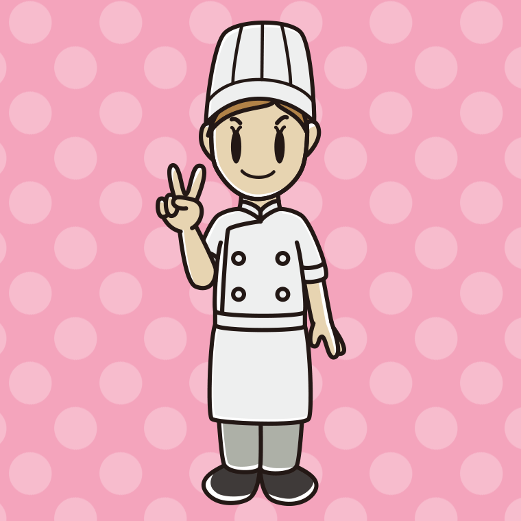 ピースをする女性料理人のイラスト【色、背景あり】PNG