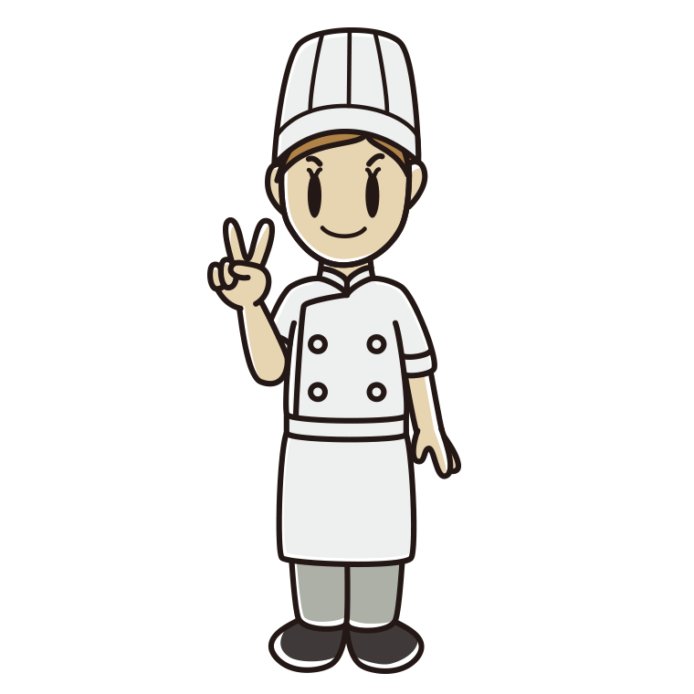 ピースをする女性料理人のイラスト【色あり、背景なし】透過PNG