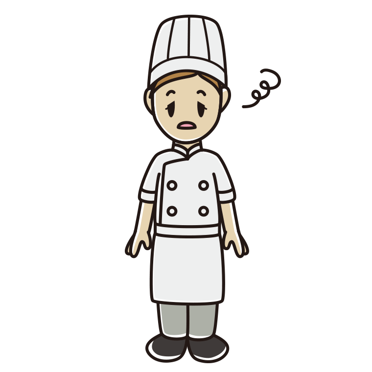 ぼーっとする女性料理人のイラスト【色あり、背景なし】透過PNG