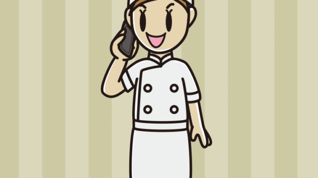 スマホで電話する女性料理人のイラスト【色、背景あり】PNG