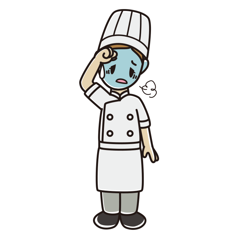 具合が悪い女性料理人のイラスト【色あり、背景なし】透過PNG