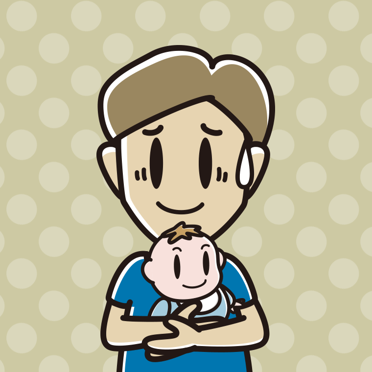 赤ちゃんを抱いて苦笑いする男性のイラスト【色、背景あり】PNG